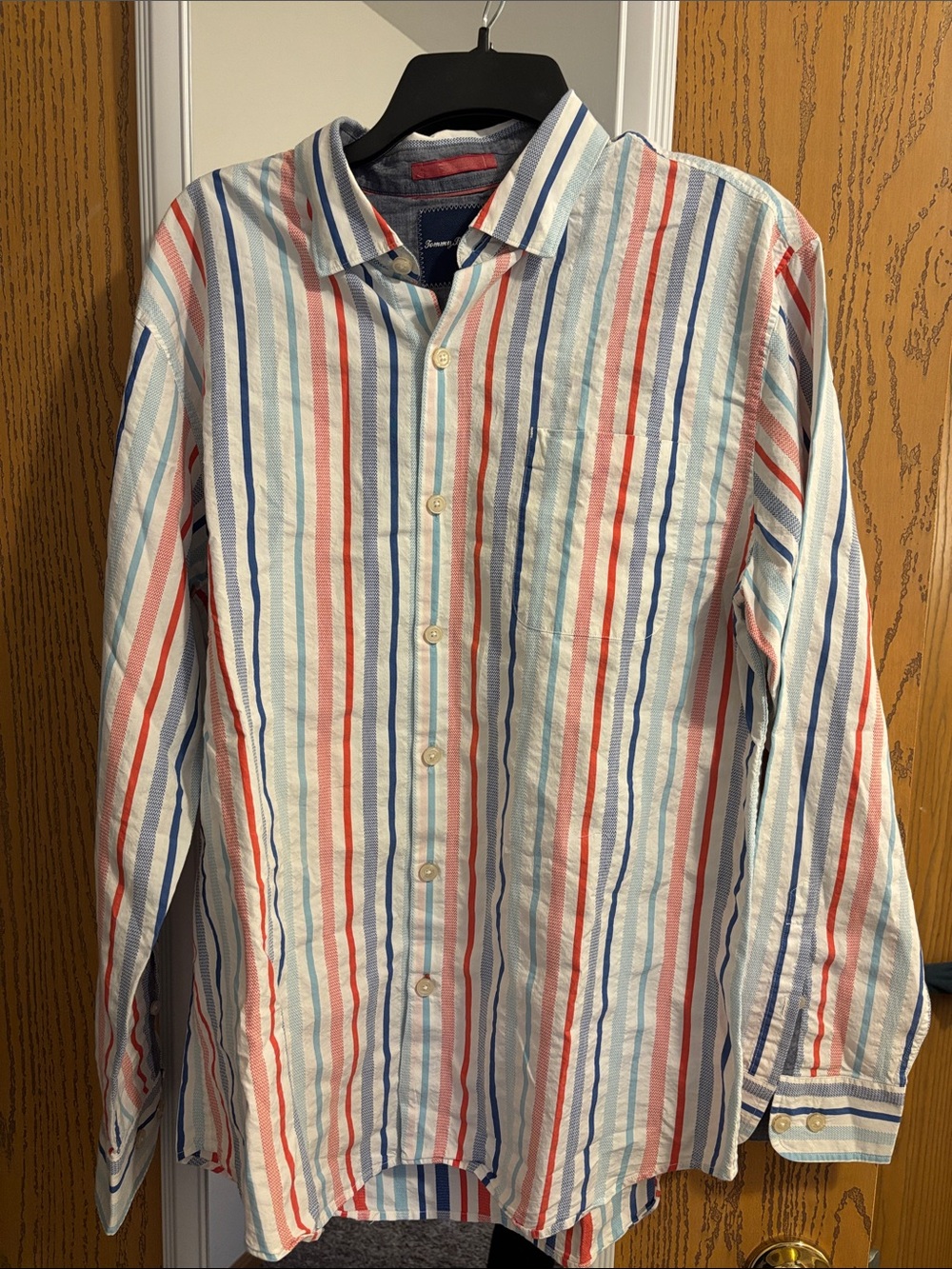 NWOT Tommy Bahama White Button-Down Shirt with Red & Blue Stripes